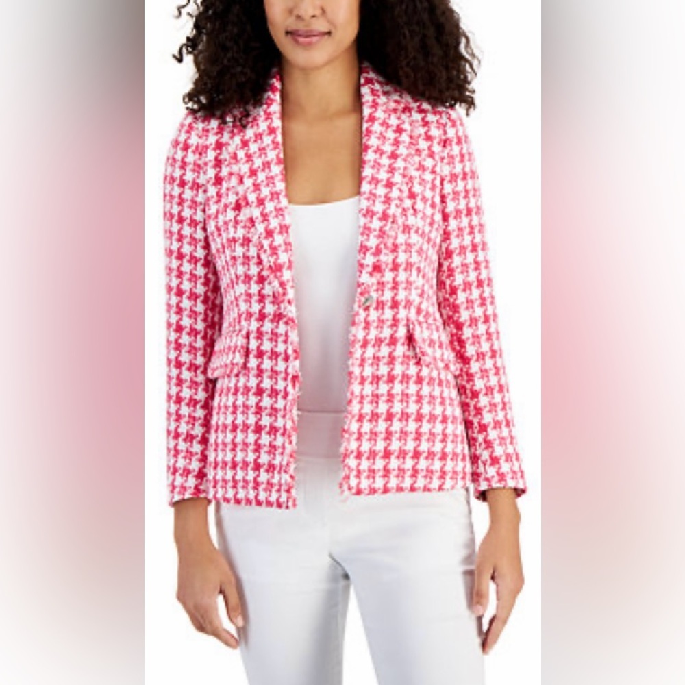 Anne Klein Pink Tweed Blazer โข Houndstooth โข Preppy, Coquette, Boss Babe, Office - Picture 1 of 8